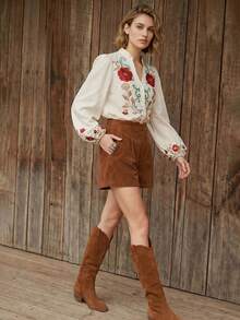 CAJUNI Red And Green Flower Arabesque Print Blouse,Summer Top - Multicolor - View 1