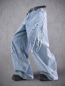 Manfinity Denimwave Quần jean ống rộng unisex phong cách streetwear phối patchwork, đính cánh, gấu sờn - Màu xanh lam - Xem 3