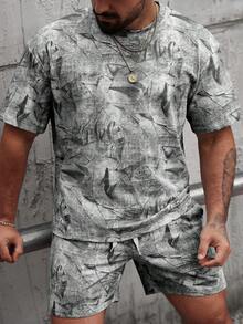 Manfinity CasualCool Men's Round Neck Printed Top And Waist Tie Shorts Casual Set - Multicolor - View 5