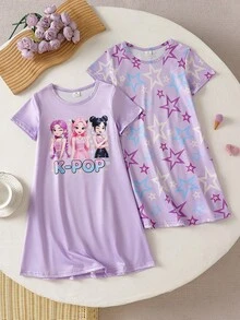 2pcs/Set Young Girl Cute Cartoon Sheep Print Sleepwear Set, Includes Pink & Gray Short Sleeve Long Nightgown - Multicolor - View 3