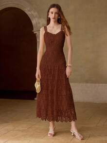 MOTF PREMIUM WOMEN GUIPURE LACE SOLID SLIM WAIST MAXI SLIP DRESS - Brown - View 4