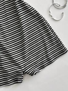 SHEIN Unity 夏季性感條紋貼身掛脖綁帶針織連身褲女款 - 黑與白 - 查看 6