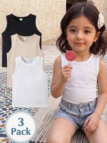 SHEIN Vintaside Kids 3件套少女百搭黑色、白色、卡其色弹力吊带背心，适合日常休闲、度假、夏季穿着 - 彩色 - 查看 2