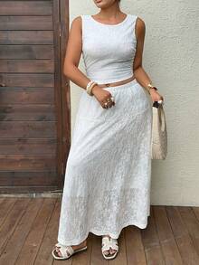 Dazy Plus Women's 2pcs White Plus Size Vacation Casual Set, Round Neck Lace Sleeveless Top & Elastic Waist Long Skirt Summer - White - View 2