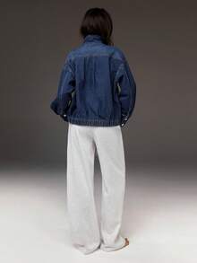 Athîral Denim Petite 女款小碼露肩長袖單排扣休閒牛仔夾克 街頭風外套 度假節日嘉年華 秋季深藍色旅行穿搭 - 深色水洗藍 - 查看 6