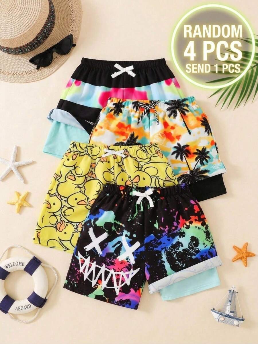 SHEIN (Random 4pcs, 1pc Sent) Boys' Casual Korean Style Comfortable Colorful 67 Number Print Loose Patchwork Slim Fit Beach Shorts, With Lining - Multicolor - View 1