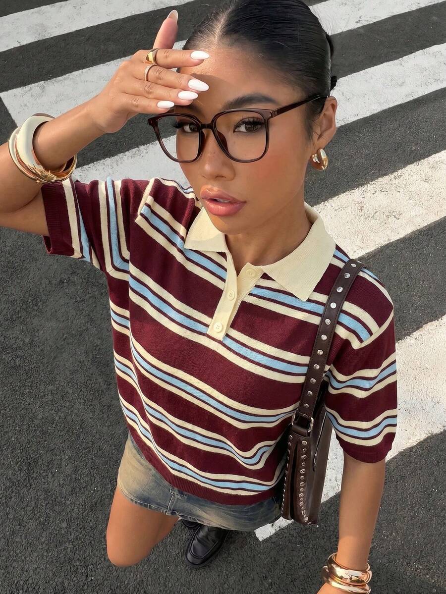 Muchica 女款休閒針織上衣,美式復古條紋針織上衣,女款街頭風上衣 - 彩色 - 查看 1