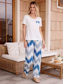 Doze Lane Casual Blue-Gray Wavy Pattern Print Short Sleeve & Pants Pajama Set For Women - White - View 3