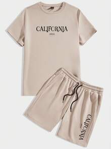 Sorvial Bộ 2 món nam gồm áo thun cổ tròn in chữ đa năng và quần short túi dây rút eo - Màu Khaki - Xem 5