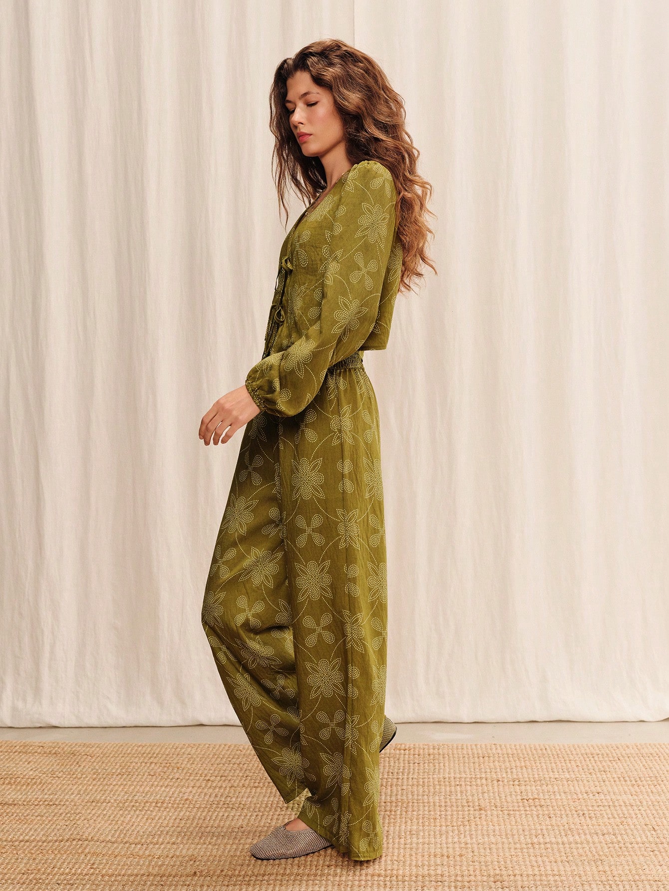Khaki Green Floral High Waist Wide-Leg Fluid Pants Summer Holiday Casual Resort Pants