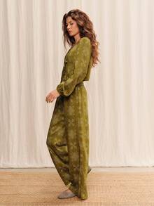 lacRébo Khaki Green Floral High Waist Wide-Leg Fluid Pants Summer Holiday Casual Resort Pants - Green - View 1
