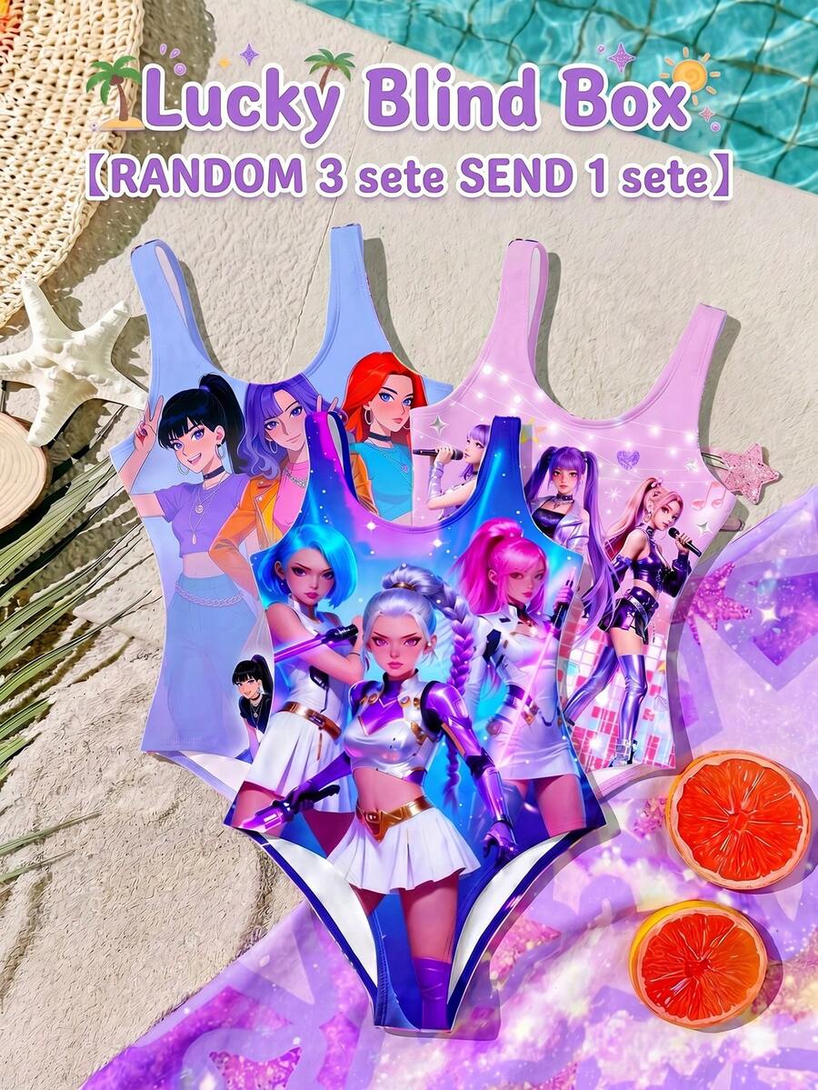 Baju Renang Terusan Minimalis Kasual untuk Anak Perempuan, Motif Kartun Girl Band, Cocok untuk Musim Panas - MultiWarna - View 1
