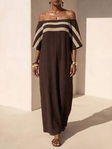 Zivah Summer New Music Festival, Easter, Business Casual, Color Block Striped Off-Shoulder Batwing Sleeve Dress - Dark Brown - View 3
