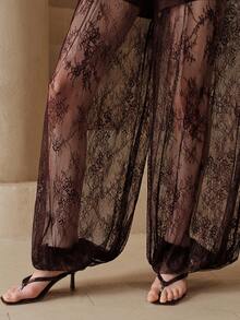 SHEIN Women's Pants Lace Fabric Lantern Full See-Through Design Daily Elegant Sexy Brown Floral Set Pattern Beach Summer - Coffee Brown - View 7