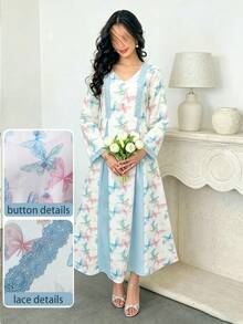 Yasmyna V-Neck Butterfly Print Ribbon Patchwork Front Button Blue Dress With Headscarf - Blue - View 3