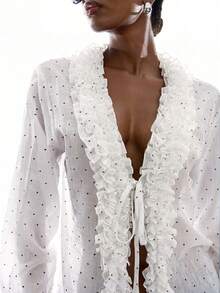 LYSMO Women's Fashionable Sexy Polka Dot Print Ruffle Hem Blouse, White - White - View 4