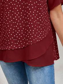 EMERY ROSE Women's Plus Size Red Round Neck Polka Dot Blouse - Burgundy - View 4