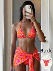 Costavie Women's Random Print Halter Metal Decor Mini Skirt 3-Piece Bikini Set, Spring/Summer - Multicolor - View 1