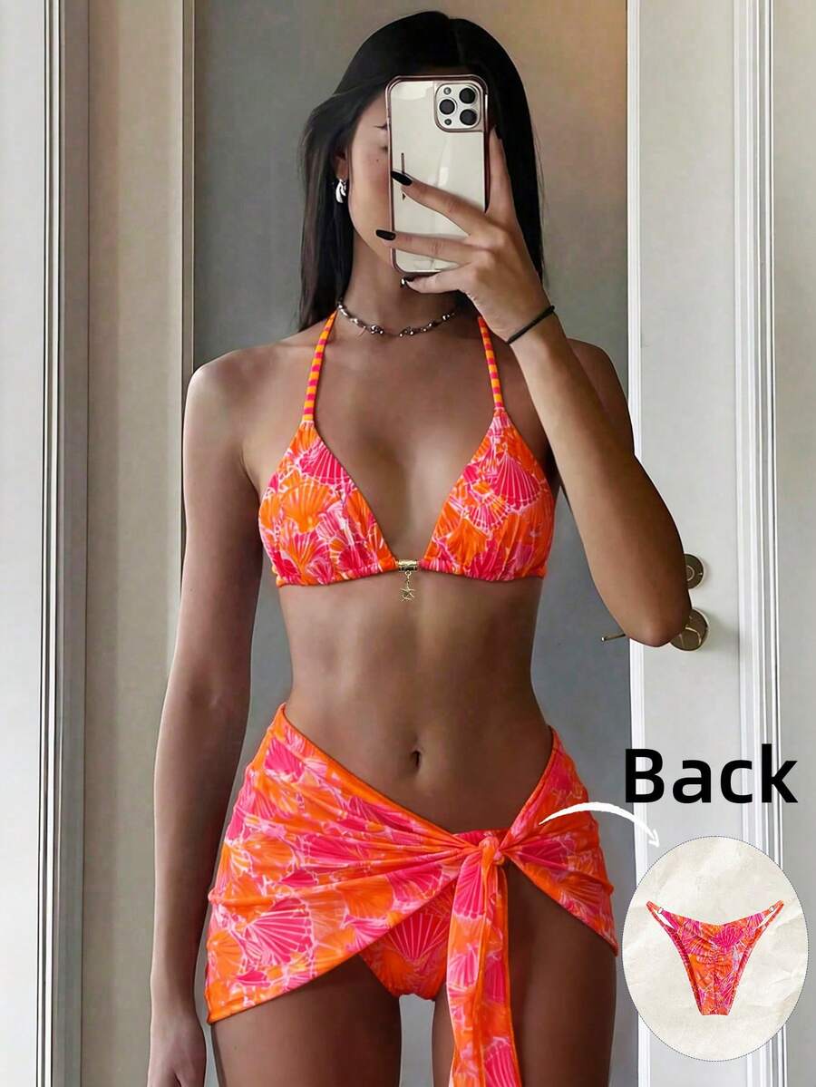 Costavie Women's Random Print Halter Metal Decor Mini Skirt 3-Piece Bikini Set, Spring/Summer - Multicolor - View 1