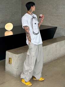 DAZY Pantalones cargo militares grises con diseño plisado largo para hombres - Gris - Ver 6