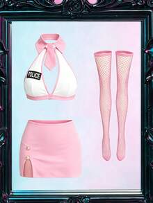 Fantasy Costume Fantasy Costume 女款性感警察服裝5件套，含領帶、緊身開衩裙與魚網襪 - 粉色 - 查看 2