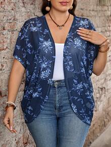 EMERY ROSE Plus Size Vacation Solid Color Asymmetric Hem Batwing Sleeve Casual Jacket,Spring/Summer - Multicolor - View 4