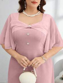 Modelyn 女款大尺碼粉色洋裝，甜美優雅 - 粉色 - 查看 1