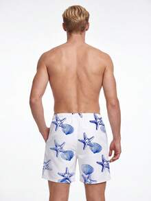Manfinity KASUA Men's Summer Vacation Style Starfish & Shell Print Drawstring Waist Slant Pocket Loose Beach Shorts - Blue and White - View 2
