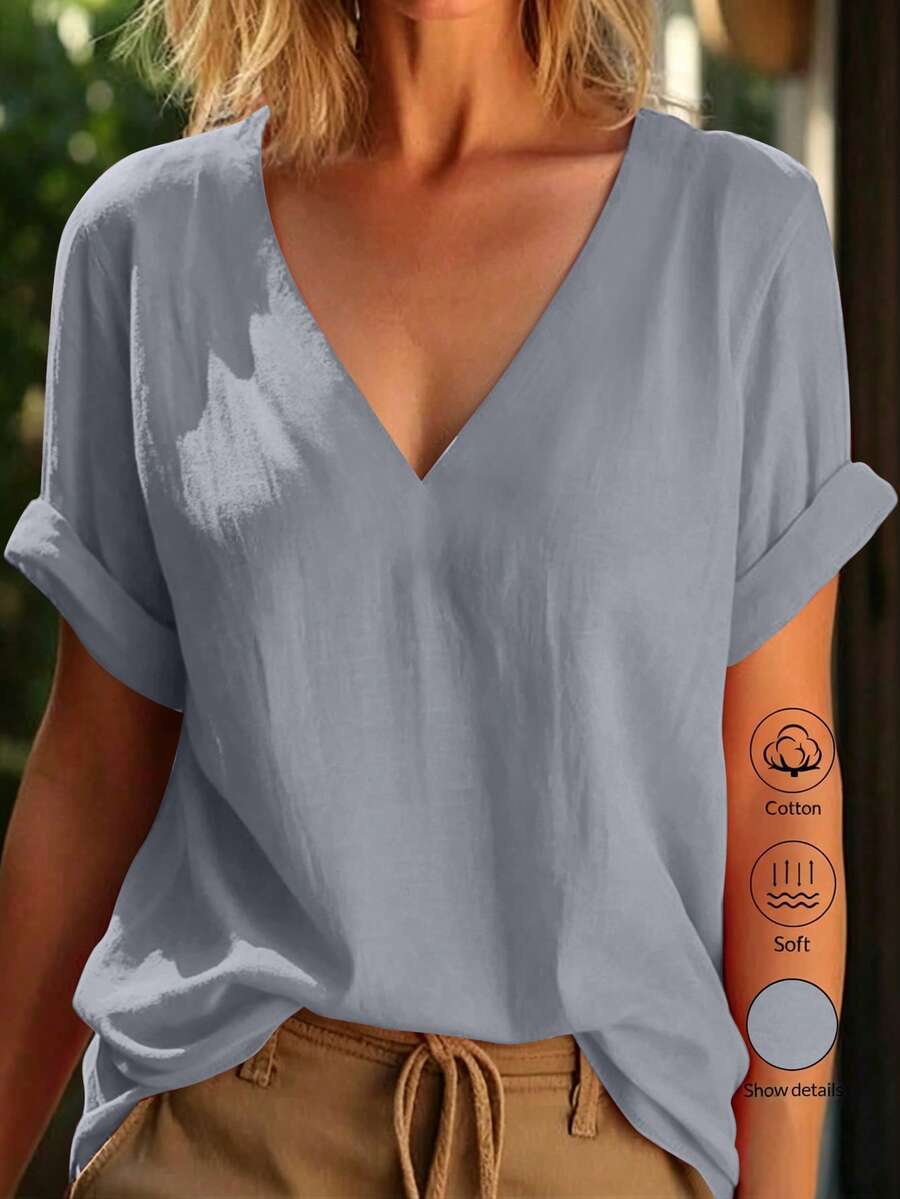 EMERY ROSE Women's Solid Color V-Neck Short Sleeve Casual Blouse - Light Grey - View 1