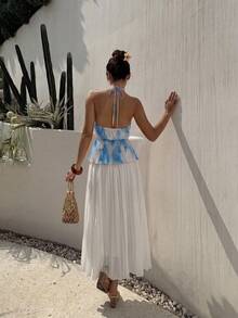 Sunnyshic Camisola sexy y romántica para mujer con estampado multicolor, hombros descubiertos, cuello halter, espalda descubierta, diseño con lazo en la cintura, plisada, para verano, playa y vacaciones - Celeste - Ver 2