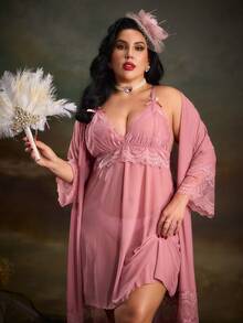 PinupPomp Plus Contrast Lace Mesh Robe & Cami Dress PJ Set / Pajama Set - Dusty Pink - View 6