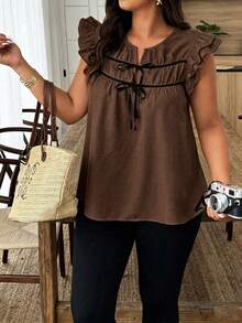 Weeklong Plus Size Women Bowknot Faux Linen Cap Sleeve Blouse - Mocha Brown - View 8
