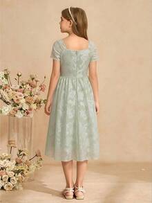 SHEIN 女童綠色雪紡花卉優雅洋裝，輕盈柔軟面料，適合度假、畢業典禮、返校季、婚禮季、各種舞會與正式場合 - 綠色 - 查看 2