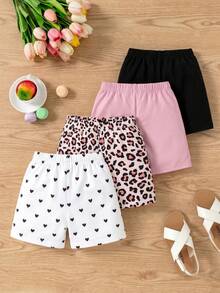 4pcs Girls Casual Shorts With Heart/Leopard Print/Solid Color Patterns, Suitable For Spring, Summer And Autumn Baby Pink - Multicolor - View 2