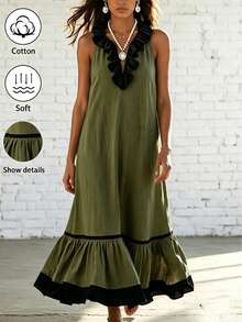 Balvessa Vestido largo elegante y romántico con bloques de color y volantes para mujer - Verde militar - Ver 1