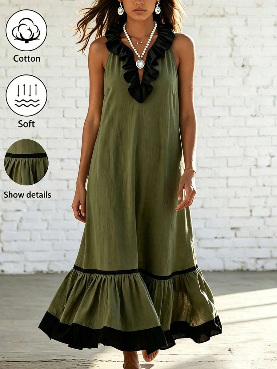 Balvessa Vestido largo elegante y romántico con bloques de color y volantes para mujer - Verde militar - Ver 1