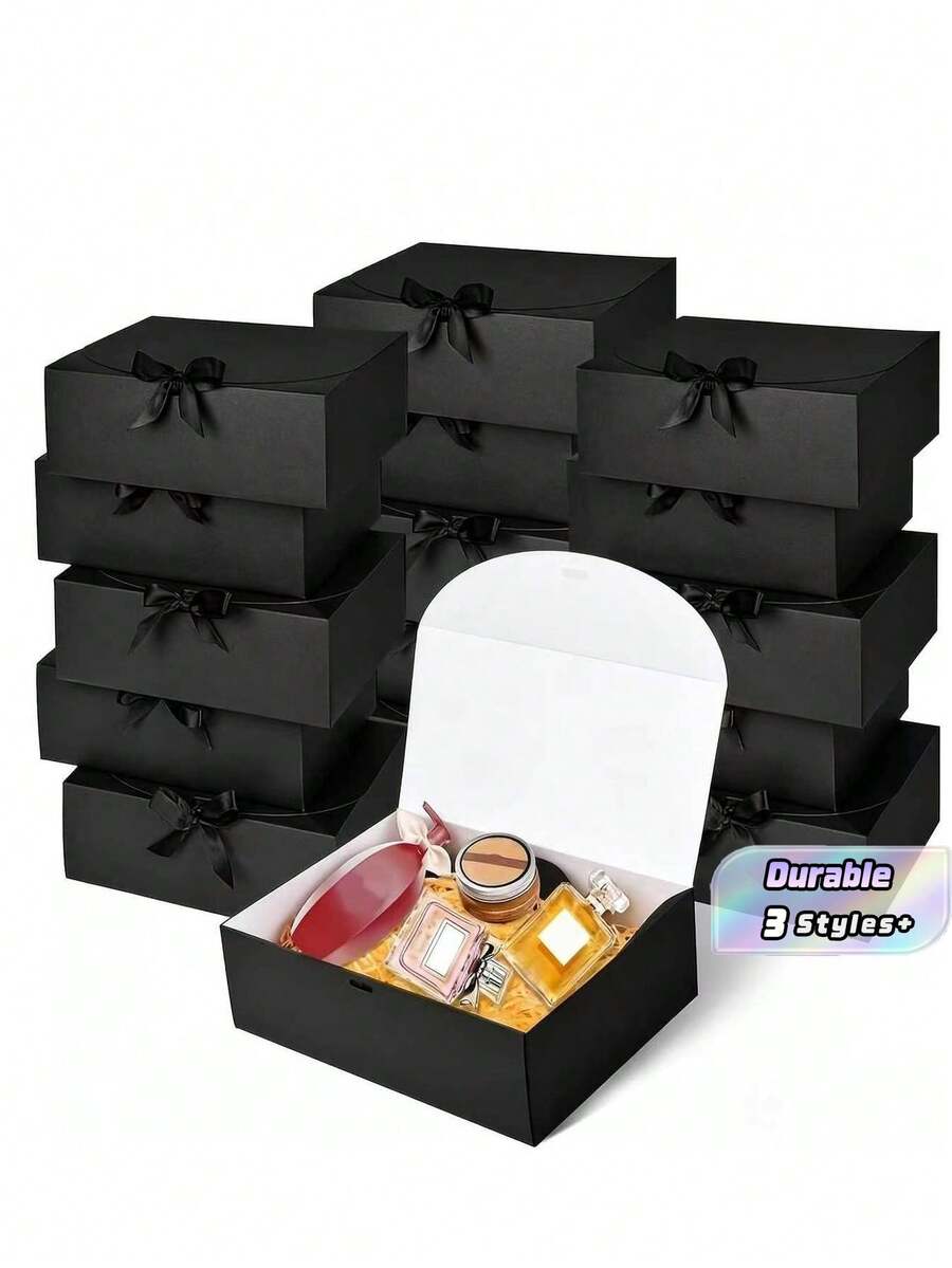 15pcs Gift Boxes With Lids, Black Gift Boxes, Bridesmaid Proposal Box With Ribbon, Kraft Paper Boxes For Wedding, Packaging, Present, Birthday, Party - black - View 1