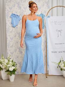 Loomaby Vestido elegante de tirantes finos con encaje floral y bajo de cola de pez para maternidad - Azul - Ver 9
