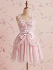 ROMWE Kawaii Women's Vintage Palace Style Lace Trim Bow Pearl Chain Layered Ruffle Hem Princess Dress - Pink - View 5