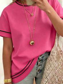 EMERY ROSE Women's Pastel Pink Striped Print T-Shirt,Summer Smart Casual Vacation Style,Sweet Retro Cute Short Sleeve Tee,Comfortable Versatile Everyday Top - Hot Pink - View 3