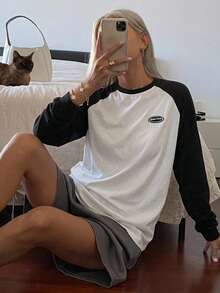 DAZY Letter Patched Colourblock Raglan Sleeve Tee - Black and White - View 11