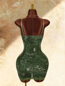 Amplova Lace Cup Detail Tropical Vacation Floral Mesh Bodycon Mini Dress - Green - View 10