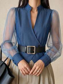 DAZY Women's Fashion Mesh Sleeve Denim Top Office Blue Autumn Smart Casual Elegant - White - View 5