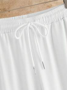 HIMLAND 2pcs/Set Kemeja Lengan Pendek Leher V Kasual Pria, Kerah Mandarin Biru Tua, Setelan Serasi Bertekstur, Celana Putih dengan Tali Serut, Pakaian Liburan Musim Panas - Biru - View 6