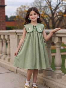 SHEIN Young Girl Pastoral Floral Embroidered Floral Pattern Ruffle Collar Dress, Versatile Floral Pattern Round Neck Ruffle Trim Contrast Color Dress,Girls' Floral Embroidered Dress, Peter Pan Collar, Ruffle Trim, Contrast Color Dress - Mint Green - View 4