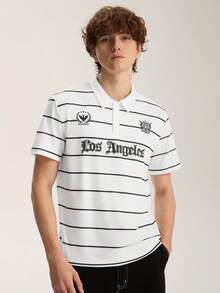 Limitiso Men's Casual Minimalist Black & White Striped Letter Polo Shirt, Suitable For School, Outings And Gifting To Friends - White - View 1