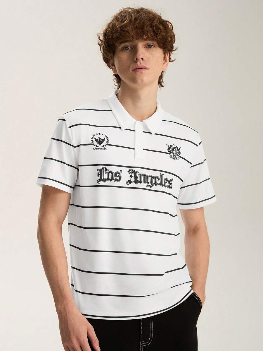 Limitiso Men's Casual Minimalist Black & White Striped Letter Polo Shirt, Suitable For School, Outings And Gifting To Friends - White - View 1