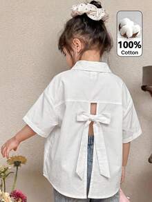 SHEIN LMoss Kids 少女編織素色休閒襯衫 - 白色 - 查看 1