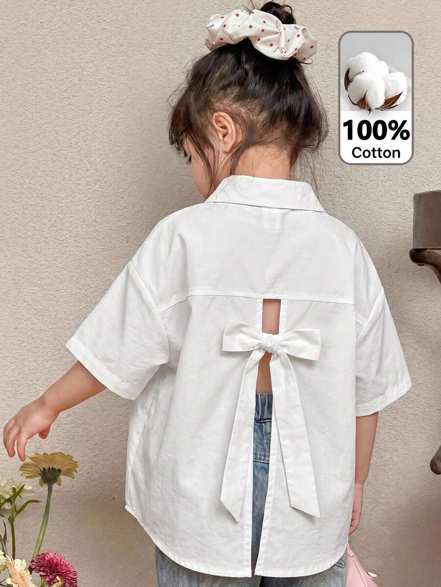 SHEIN LMoss Kids 少女編織素色休閒襯衫 - 白色 - 查看 1