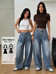 SHEIN PETITE Pantalon en jean à taille haute et jambes larges pour femmes PETITE, pantalon décontracté pour tous les jours & streetwear d'été pour femmes - Jean bleu - Voir 5